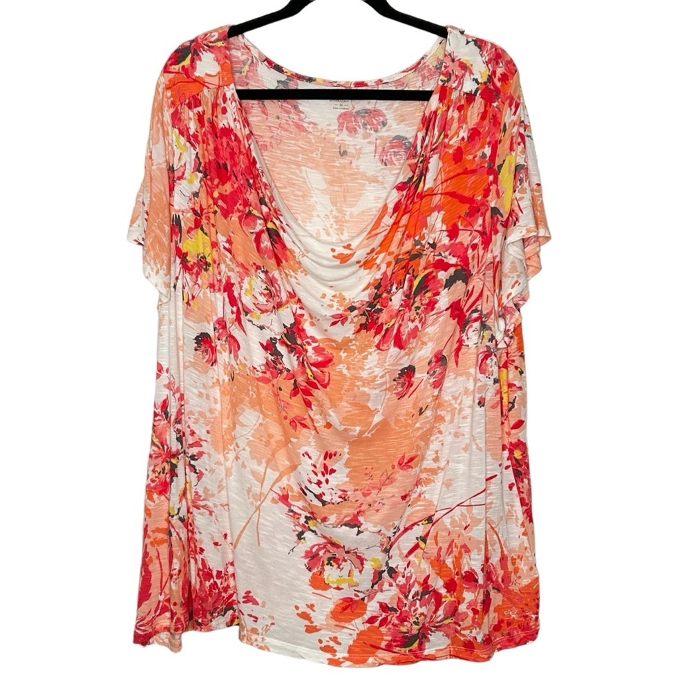 Apt. 9 Pink/Orange Abstract Floral Drape Neck Flutter Sleeve Top Sz 3X